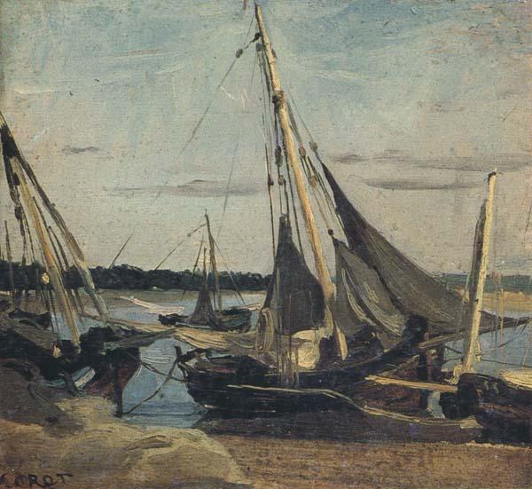 camille corot Trouville Fishing Boats Stranded in the Channel (mk40) oil painting image